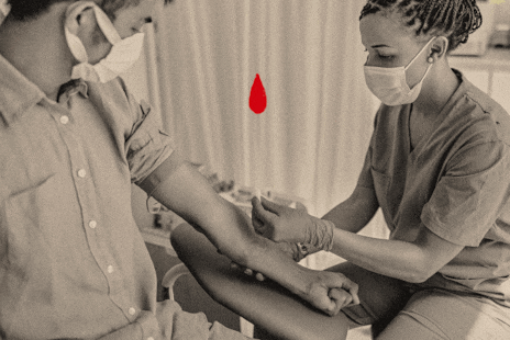 A photo illustration of a doctor taking a man's blood, while an illustrated red drop of blood moves down the screen.