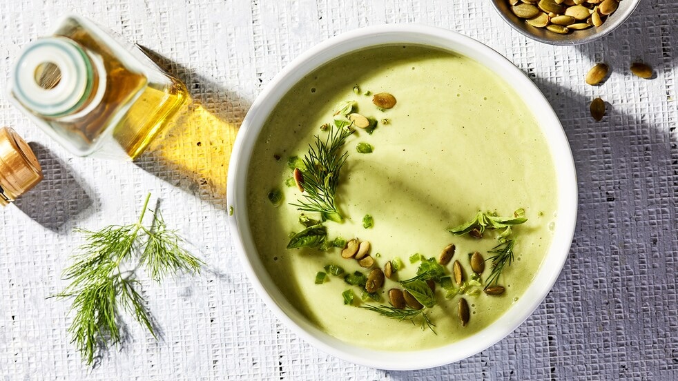 Avocado, Cucumber and Fennel Soup on a table in a Studio