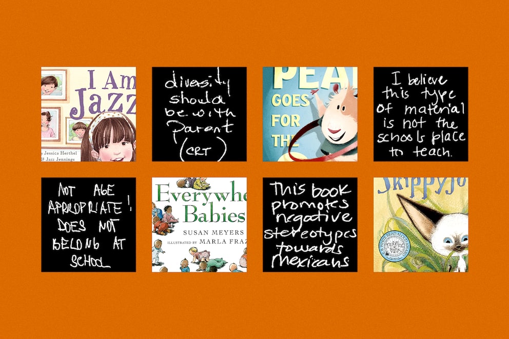 A grid of 8 boxes show children's picture book covers alternating with handwritten complaints about them.